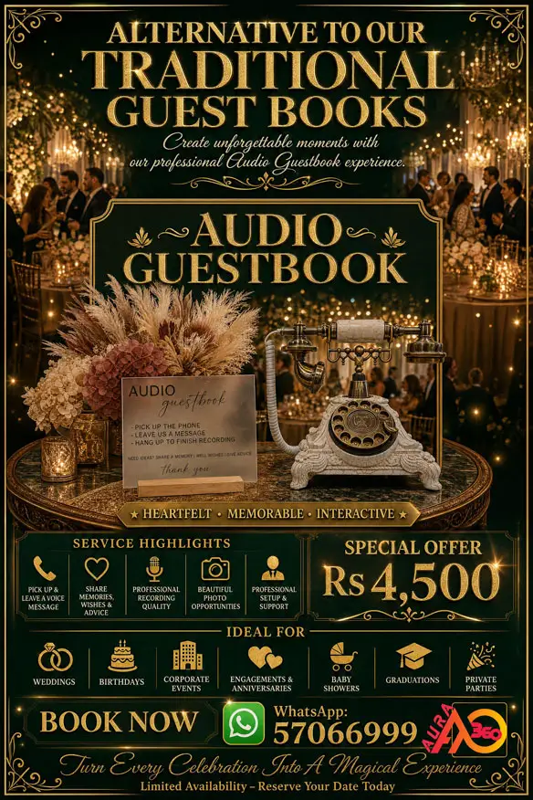 Elegant vintage-style Audio Guestbook setup with decorative telephone and floral arrangement for weddings and events in Mauritius. Guests leave heartfelt voice messages, memories, and wishes. Professional rental by Aura 360.