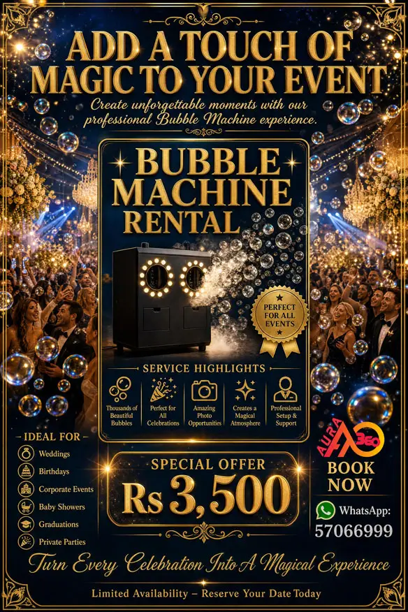 Luxury Bubble Machine Rental advertisement by Aura 360 Mauritius featuring a professional bubble machine creating thousands of bubbles at an elegant event venue. Ideal for weddings, birthdays, corporate events, baby showers, graduations, and private parties. Special offer Rs 3,500 with professional setup and support.