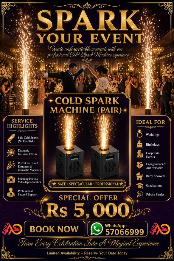 Luxury wedding couple celebrating with dramatic golden Cold Spark Machine fountains at their event in Mauritius. Professional Cold Spark Machine (Pair) rental for weddings and celebrations. Safe spectacular sparks, Rs 5,000 special offer by Aura 360.