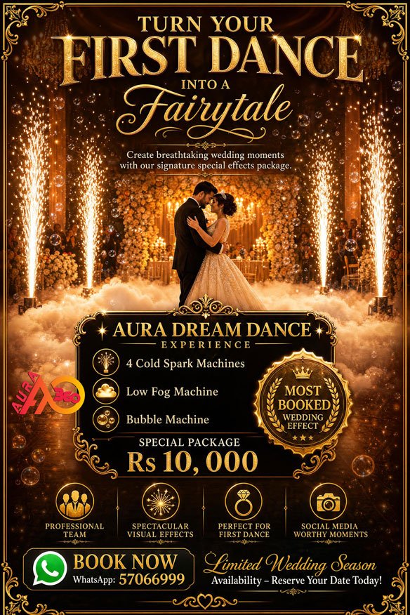Luxury wedding first dance setup featuring a bride and groom dancing on a low fog cloud surrounded by four cold spark machines and floating bubbles. Aura 360 Mauritius Dream Dance Experience package includes cold sparks, low fog machine, and bubble machine for creating magical wedding moments in Mauritius.