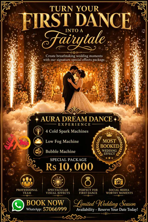 Luxury wedding first dance setup featuring a bride and groom dancing on a low fog cloud surrounded by four cold spark machines and floating bubbles. Aura 360 Mauritius Dream Dance Experience package includes cold sparks, low fog machine, and bubble machine for creating magical wedding moments in Mauritius.