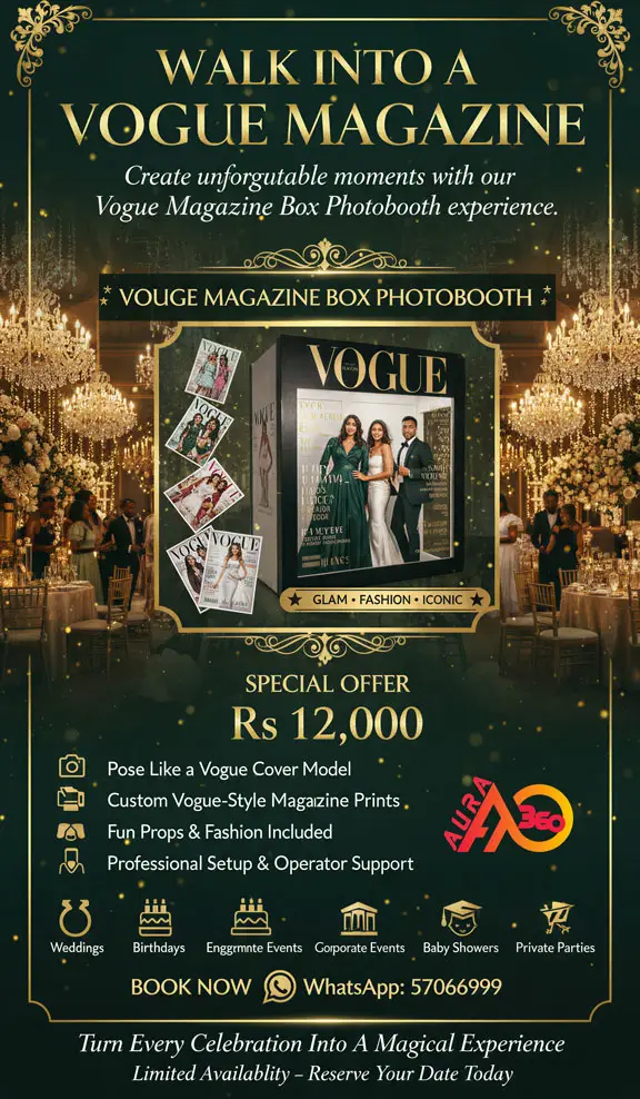 Glamorous Vogue Magazine Box Photobooth at a luxury event in Mauritius. Guests posing like fashion models and receiving custom Vogue-style magazine cover prints. Chic and fun photobooth rental by Aura 360.
