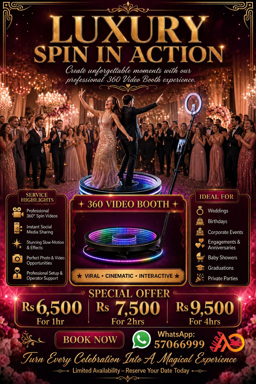 Professional 360 Video Booth in action at a luxury wedding in Mauritius. Guests spinning and creating viral 360° videos with Aura 360. Fun, cinematic event entertainment rental perfect for weddings and celebrations.