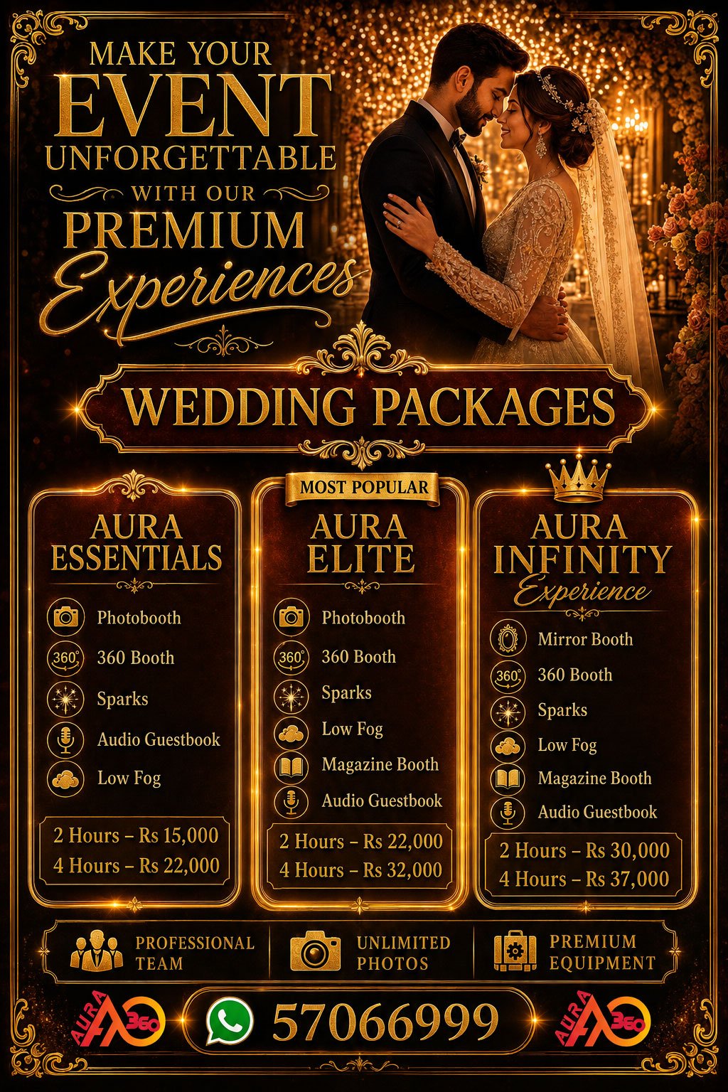 Luxurious wedding couple embracing under golden lights with Aura Infinity Experience premium wedding packages in Mauritius. Includes 360 Booth, Mirror Booth, Sparks, Low Fog, and professional team. Packages from Rs 14,000.
